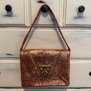 $298 Kelly Wynne Leather Snakeskin Metallic Rose Gold Shoulder Bag Clutch